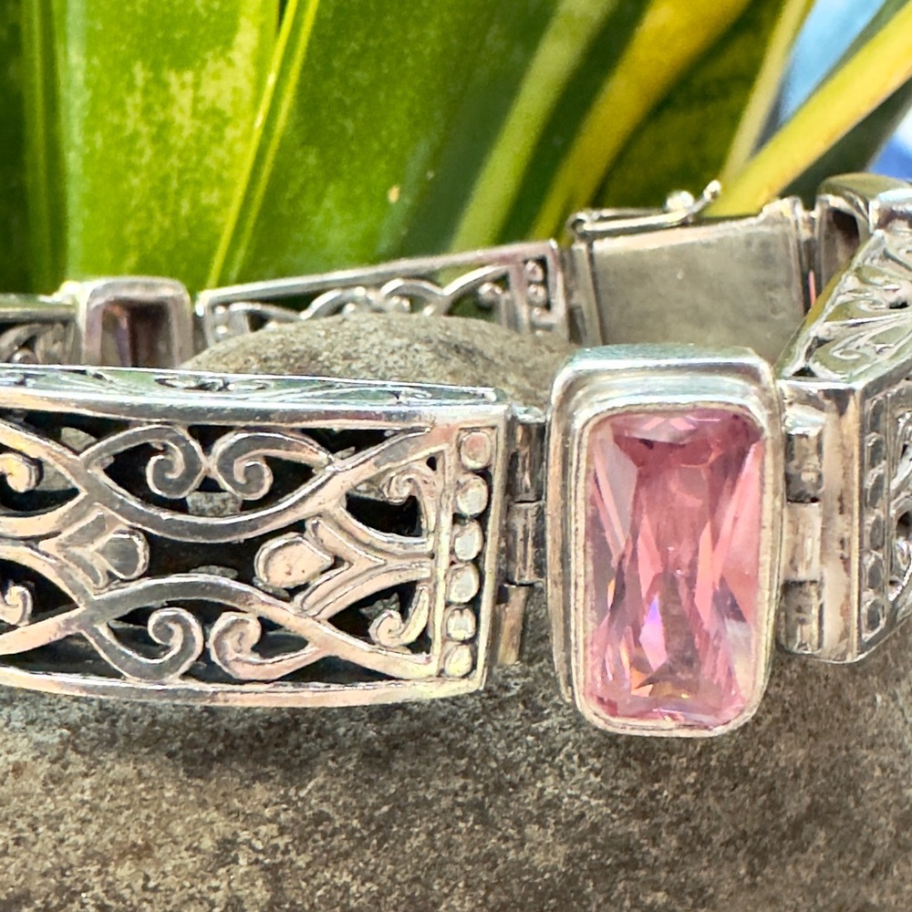 Chunky Sterling with Emerald cut & Pink CZ Bracelet